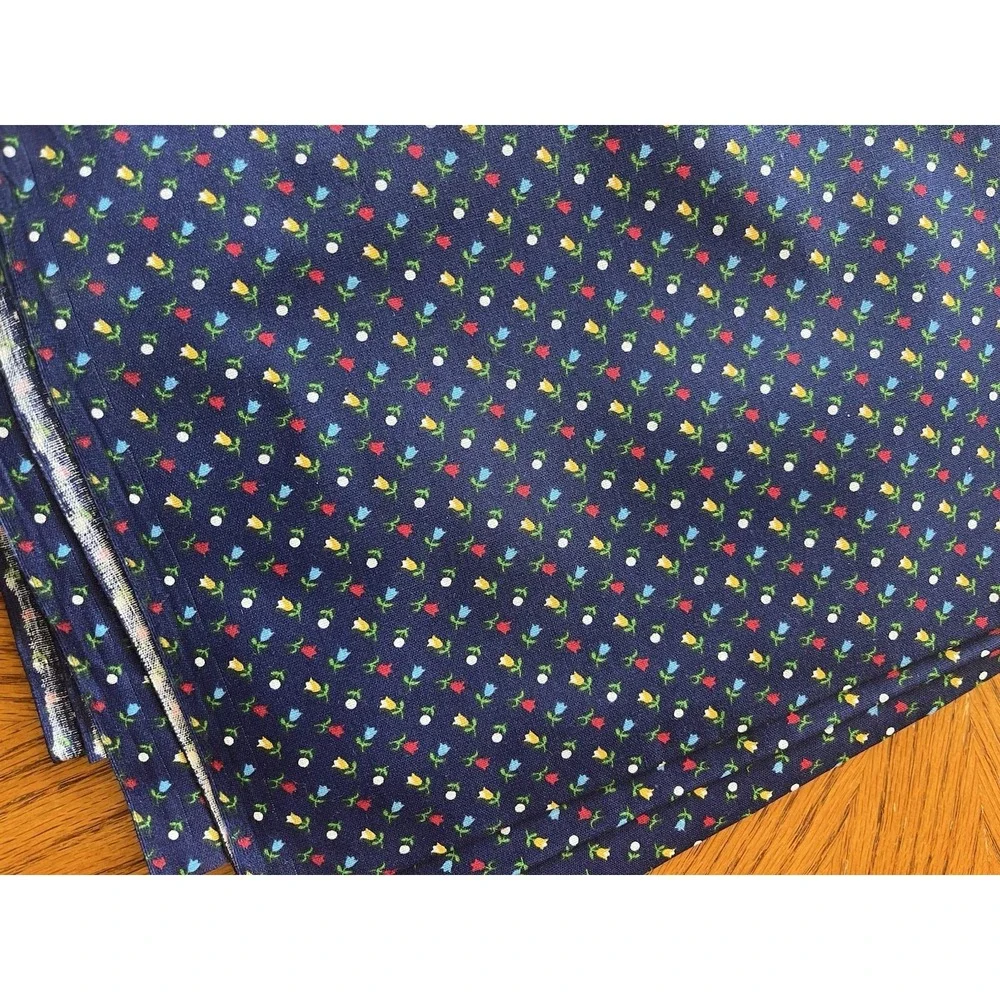Vintage Blue Floral Fabric Dark Navy Red Yellow Tulip Flower Cottagecore 1.5 Yds